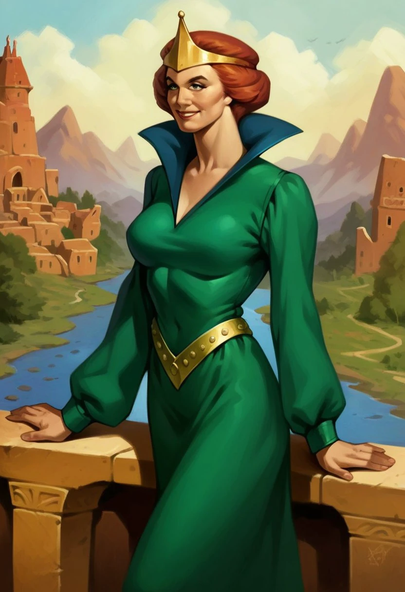 score_9_up, score_8_up, score_7_up, score_6_up, 1girl, solo, (queen_marlena), large breasts, Red hair, Gold Crown, Green Dress, Yellow Belt, standing on the balcony of a castle, fantasy landscape, warm smile, (realistic), (Painted art:1.3)