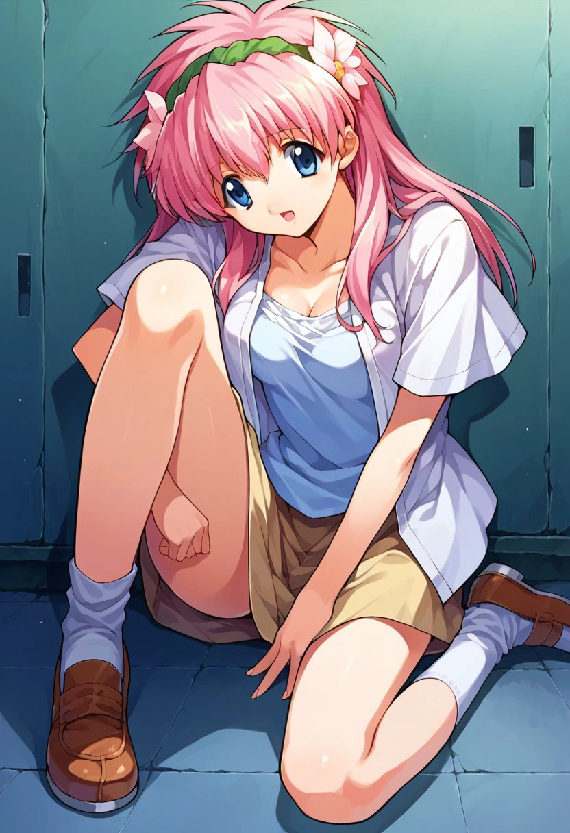 score_9, score_8_up, score_7_up, source_anime, milfeullesakuraba, shirt, :d, solo focus, feet, jewelry, shoes, socks, open clothes