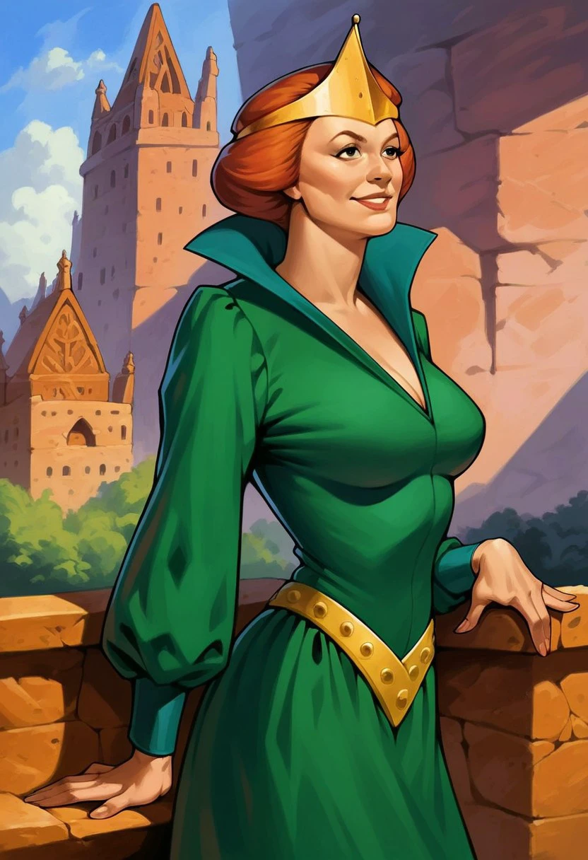 score_9_up, score_8_up, score_7_up, score_6_up, 1girl, solo, (queen_marlena), large breasts, Red hair, Gold Crown, Green Dress, Yellow Belt, standing on the balcony of a castle, fantasy landscape, warm smile, (realistic), (Painted art:1.3)