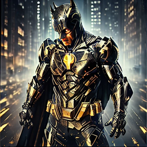 Evang, Batman with black tactical armor with gold highlights standing in a destroyed city street, torn clothing, scars, scratches, battle damaged suits, tactical armor, muscular, menacing look