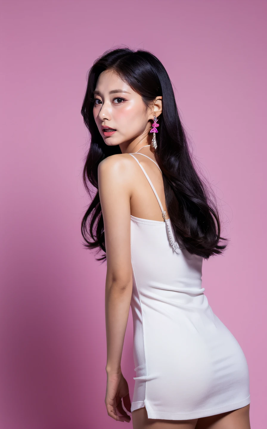 <lora:Tzuyu_V1:1> TzuYu,,, , (realistic), (hyperrealism), (photorealistic:1.4), 1girl, black hair, dress, hair ornament, lips, looking at viewer, makeup, pink background, realistic, ribbon, sleeveless, solo, standing, white dress