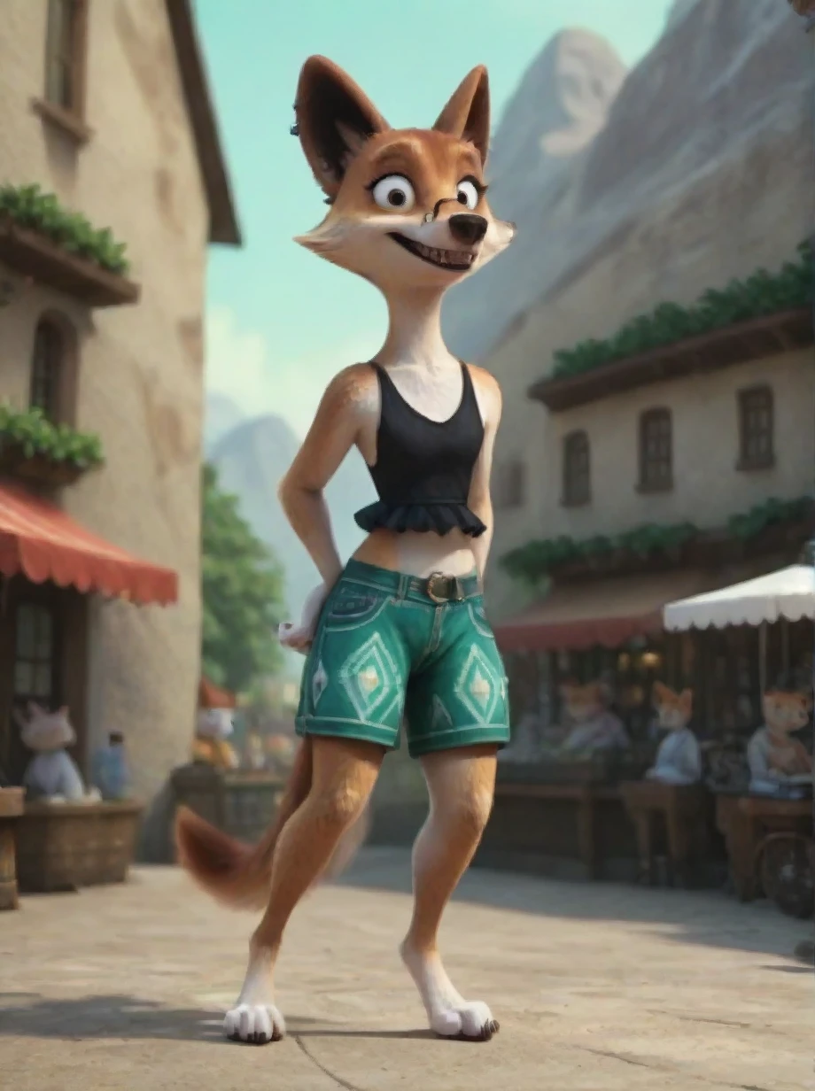 score_9_up, score_8_up, score_7_up, score_6_up, score_5_up, Sheila, anthro, dingo, solo, 1girl, wide eyes, full body, paws, looking at viewer, head back, smile, tall, teeth,short, shorts, pose, tiptoes, outside, village, fountain, market, mountains, arid, blue sky