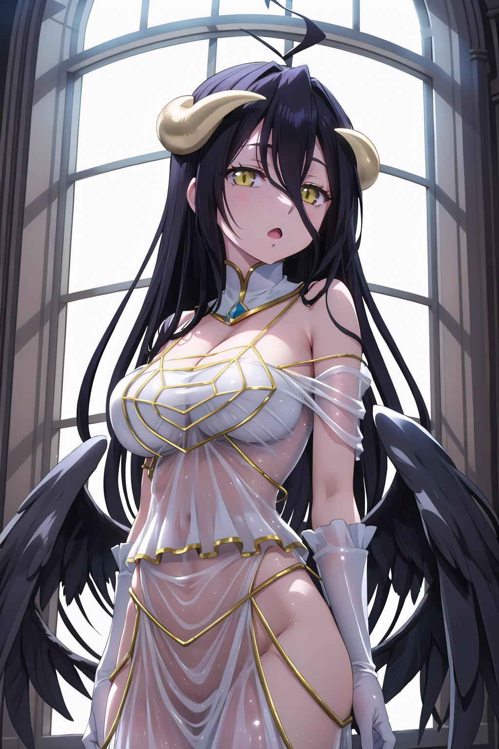 overlordalbedo, albedo, Ahoge, black hair, horn, long hair, (yellow eyes:1.5), (medium breasts:1.2), smile, break bare hips, bare shoulders, black wing, removed collar, elbow gloves, feathered wing, gloves, gold trim, high collar, hip wind, jewelry, low wing, white gloves, wing, break indoors, city, break looking at viewer, (cowboy shot:1.5), break (masterpiece:1.2), highest quality, High resolution, unity 8k wallpaper, (figure:0.8), (beautiful and fine eyes:1.6), highly detailed face, perfect lighting, Very detailed CG, (perfect hands, perfect anatomy),pet pose、black stockings、nipple、big breasts、tits、Creampie、Semen is dripping、angry face、upper grade、Bukkake、erotic、Dick、squat、Titty fuck、gloves、garter belt、nipple透ける、Contemptuous face、knee socks