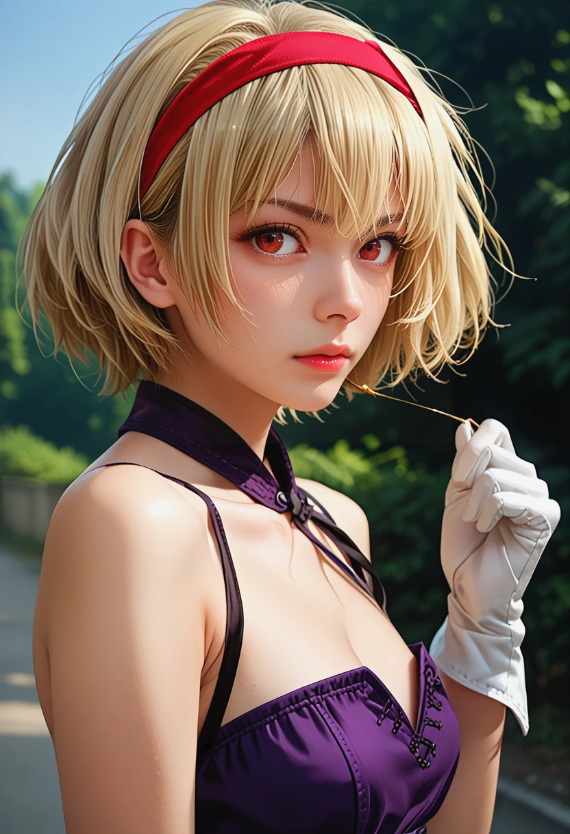 <lora:NTLSIA_Pv1-000040:1>, ntlsia, 1girl, blonde hair, ,hairband, red eyes, short hair, purple dress, bare shoulders, belt, gloves, hairband, white gloves, solo, upper body, outdoors, realistic, high quality,, BREAK score_9, score_8_up, score_7_up, score_6_up, source_anime, best quality,