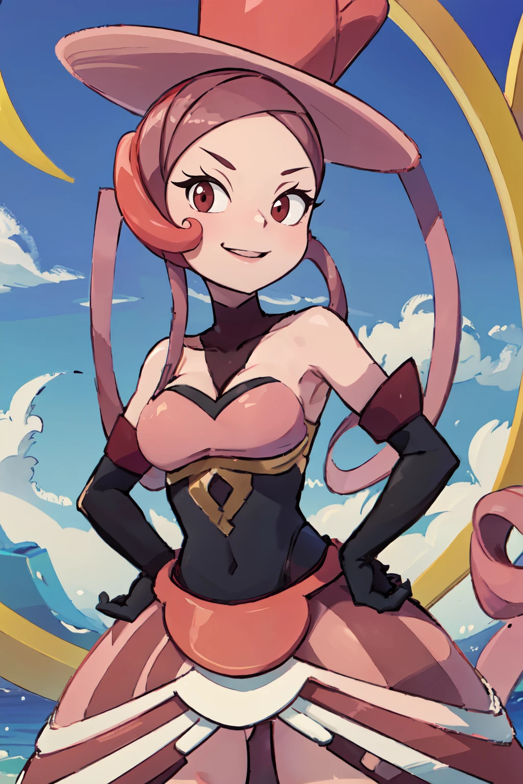 ((masterpiece,best quality)), absurdres,  BREAK, , <lora:Dana_Pokemon:0.8>, zzDana, breasts, long hair, red eyes, pink hair, pink top hat, bare shoulders, pink dress, black elbow gloves, , BREAK, hip to the side, hand on hip, contrapposto,, BREAK, solo, smile, looking at viewer, cowboy shot,