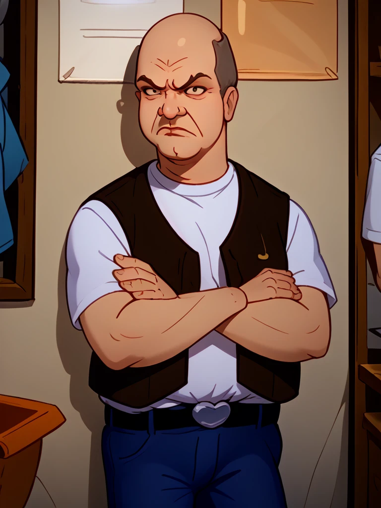 <lora:Big_Jim_-_King_of_the_Hill:1>1boy, grey hair, middle aged, white shirt, dark_orange_vest, pattern_baldness, scowl, angry, jeans, belt, arms crossed, looking at viewer,, source_cartoon, score_9, score_8_up, score_7_up,