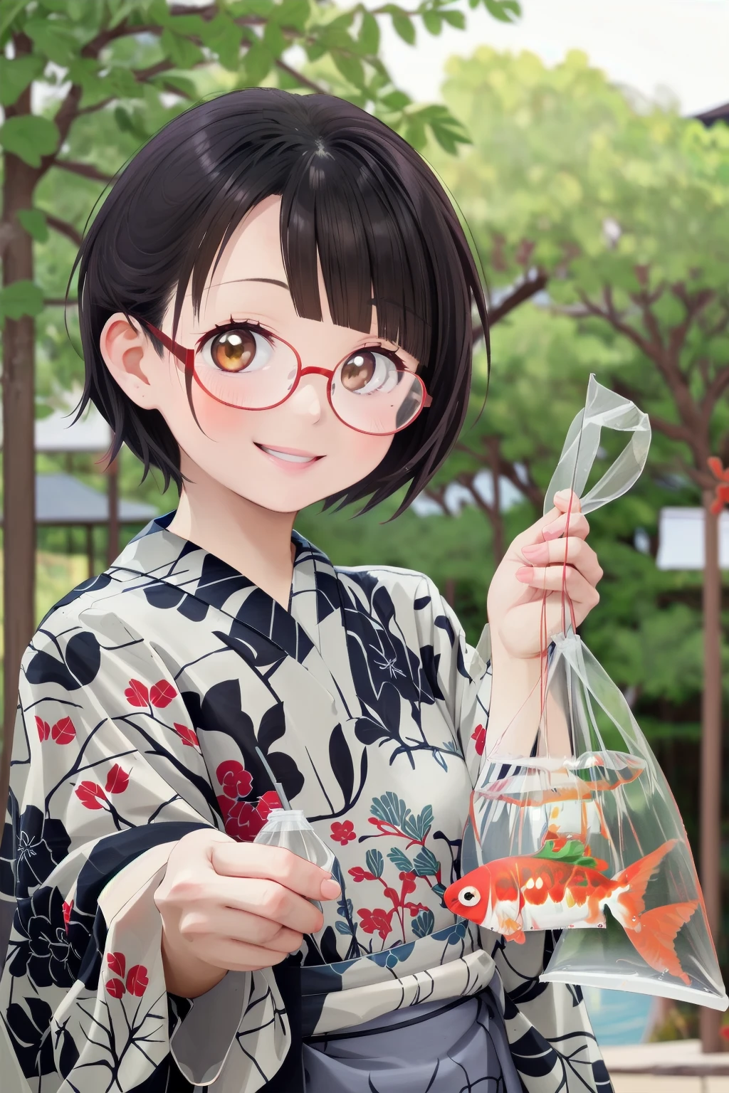 masterpiece, best quality, very aesthetic, absurdres,
(kingyofukuro, bagged fish:1.2), goldfish, smile, fish, 
1girl, solo, glasses, smile, yukata, short hair, looking at viewer, black hair, blurry background, upper body, uchiwa, Water balloon, uchiwa, bangs, 
 <lora:kingyo_fukuuro_SD15_V1:0.8>