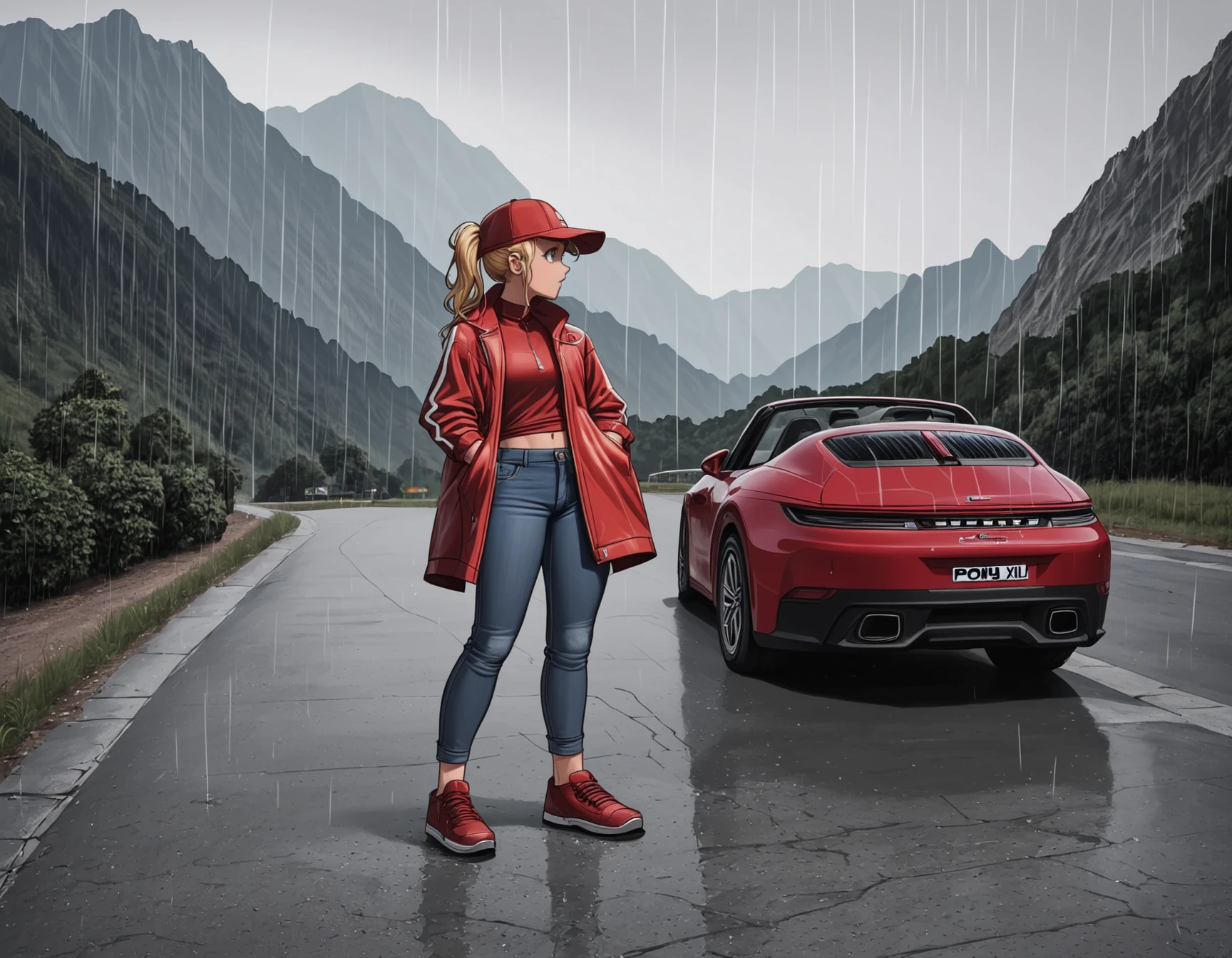 score_9, score_8_up, score_7_up, score_6_up, score_5_up, score_4_up,  
source: illustration,
carrera,1girl, wearing short pants, rainjacket, big boobs, blonde hair, baseball cap standing in front of a red porsche sportscar, at a mountain landscape,award winning, raining, outside, high detail,