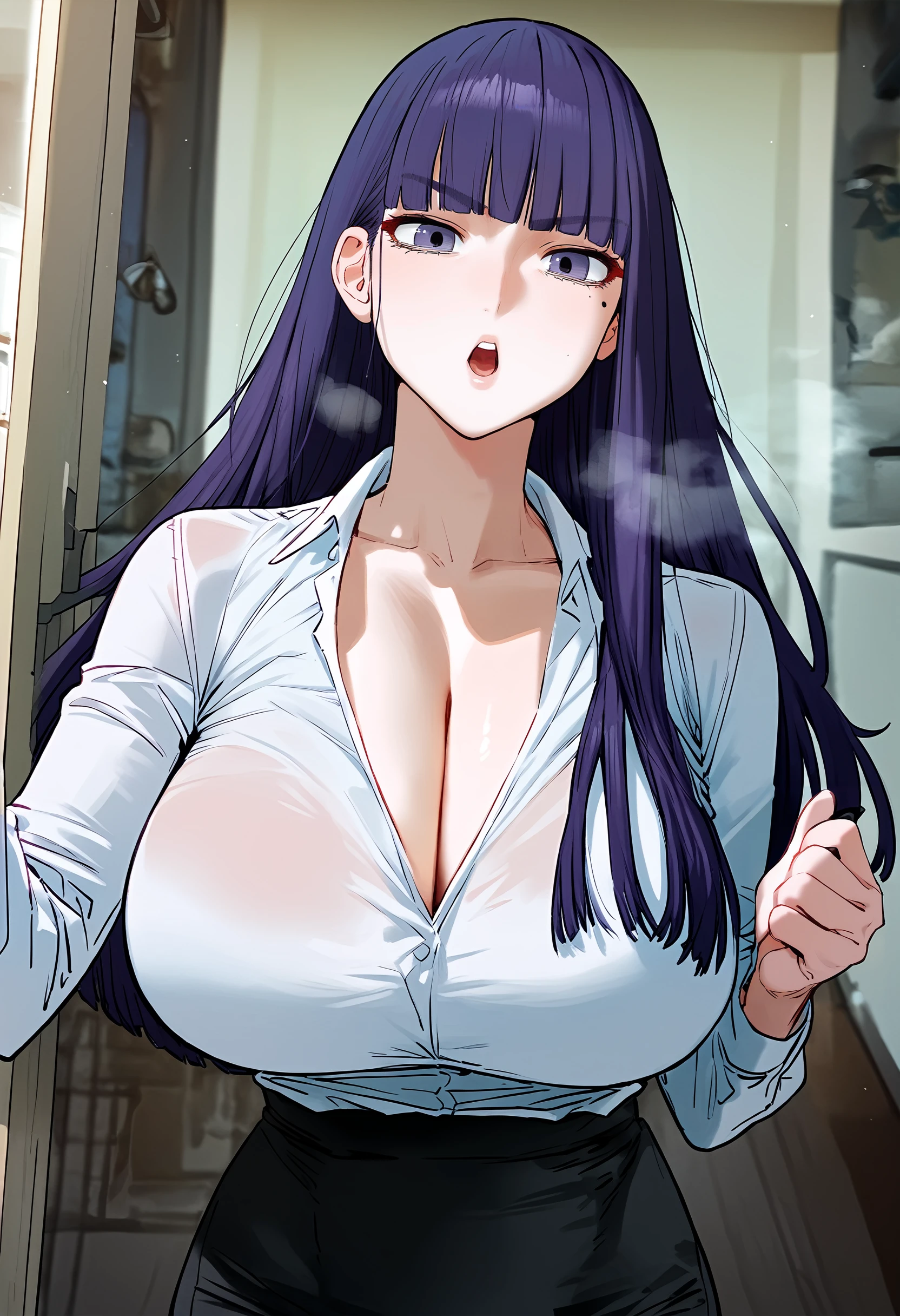 score_9, score_8_up, score_7_up, score_6_up, source_anime, rating_explicit, 1girl, (solo:1.2), huge breasts, <lora:Seong Yunaponyxl:1> long hair, purple hair, blunt bangs, purple eyes, mole under eye, black hair, white shirt, collared shirt, cleavage, collarbone, long sleeves, black skirt, pencil skirt, shirt tucked in, serious, open mouth, Narrow shoulders, heavy breathing, steaming body, office room, indoors, looking at viewer, hand up, close-up