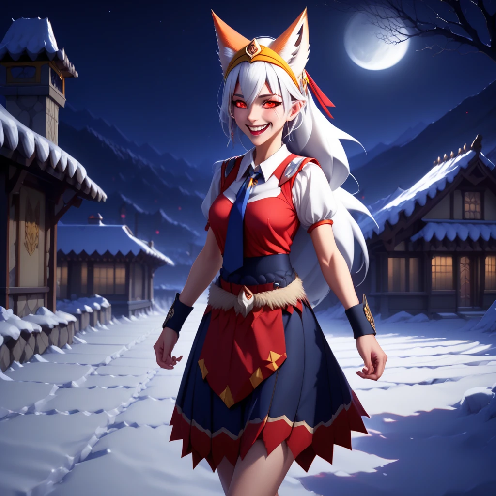 headband, blood on arm, moon, detached sleeves, school uniform, pelvic curtain, yellow eyes, lips, feet, sash, scenery, fox ears, sweat, smile, red eyes, blue skirt, white hair, headdress, sleeveless, bag, shoulder armor, night, clothing aside, snow, spikes