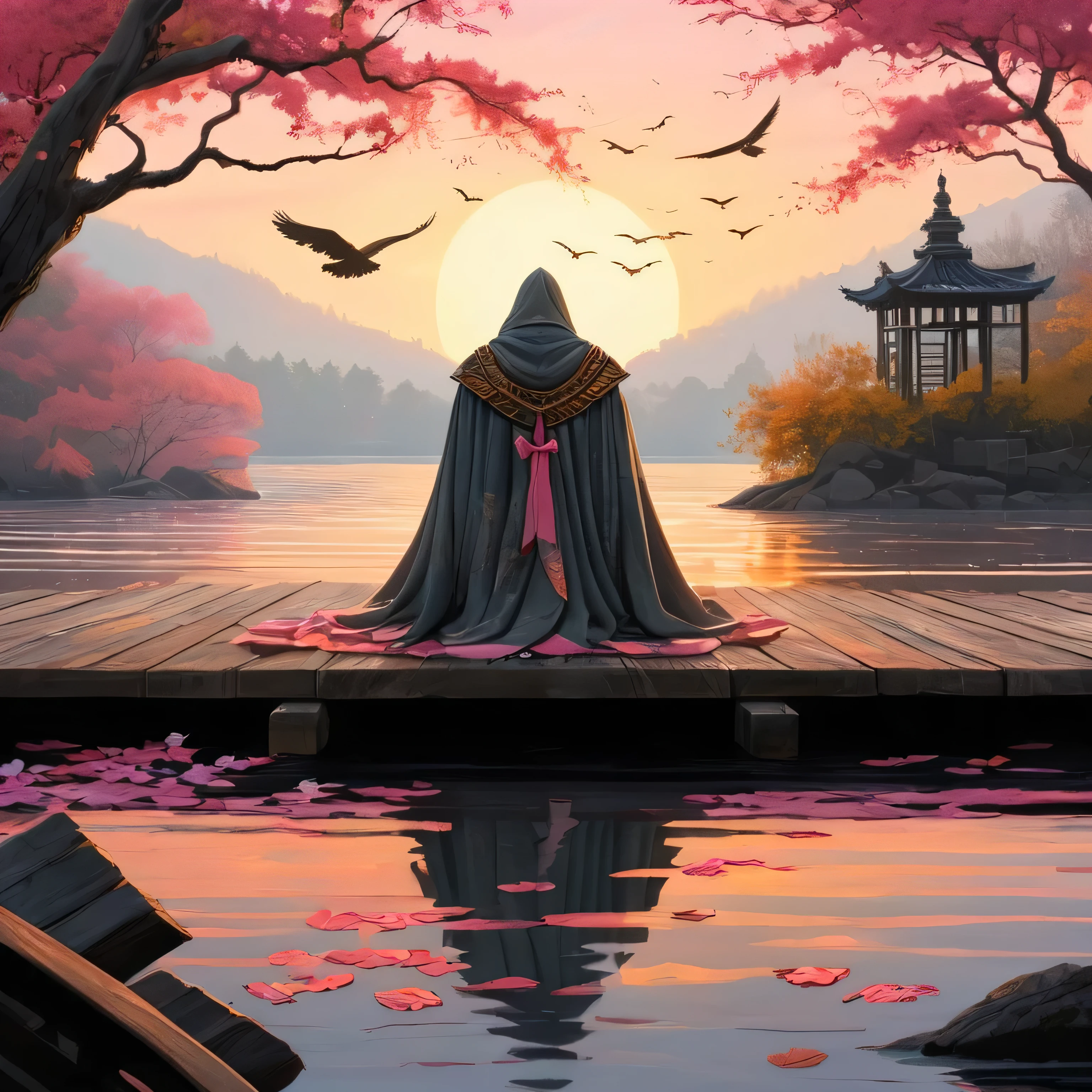 here is the modified prompt: as the fiery sun bursts forth from the horizon, a stately figure emerges onto the weathered dock, its worn stone slabs bearing the scars of countless seasons. the air is alive with the vibrant hum of cicadas and the sweet tang of blooming jasmine as the figure, resplendent in a richly embroidered cloak, strides confidently towards the waiting rowboat, its wooden hull glistening with a subtle sheen of pride. in the distance, a squadron of majestic eagles soars overhead, their piercing cries echoing across the lake's glassy surface, where ripples from their passage slowly dissipate into an undisturbed calm. meanwhile, the scattering of fallen leaves on the dock takes on a deliberate, intentional arrangement, as if nature itself has been orchestrated to provide a breathtaking backdrop for this moment of unyielding purpose and unwavering resolve., in the style of dan mumford, zombiecore, light gray and pink, vibrant nightmares, poster art, close up, playful cartoonish scenes