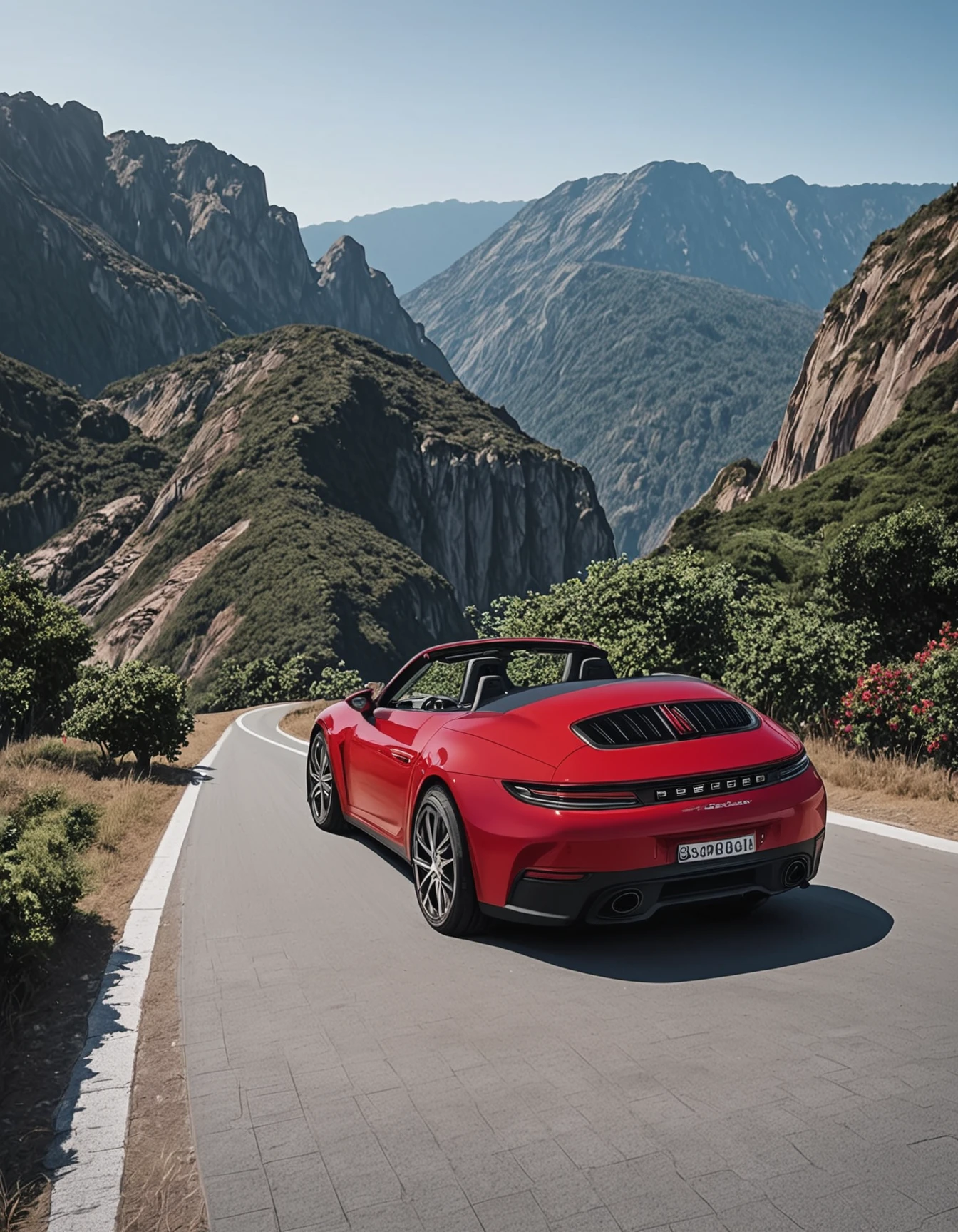 score_9, score_8_up, score_7_up, score_6_up, score_5_up, score_4_up,  
source: illustration , The image features a red Porsche sports car parked on the side of a road. The car is positioned at an angle, showcasing its sleek design and distinctive Porsche logo on the hood. It has a black soft top roof that is currently down. The wheels appear to be large with multi-spoke designs, typical of high-performance vehicles.

The car is set against a scenic backdrop, which includes a mountainous landscape with clear skies and a hint of a body of water. There are buildings visible in the distance, suggesting that this photo may have been taken near a coastal town or resort. The image itself has a watermark indicating it's an advertisement or promotional material for luxury cars. 