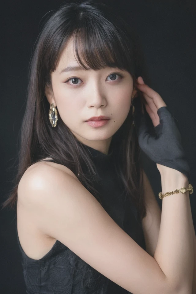 score_9,score_8_up,score_7_up,source_photo,masterpiece,4k,high quality,(best quality:1.1),realistic,1girl,solo,jewelry,earrings,mole,dress,black dress,looking at viewer,sleeveless,black eyes,bangs,sleeveless dress,black background,bracelet,upper body,gloves,closed mouth,black gloves,,<lora:PONY-Fukagawa Mai:0.8>