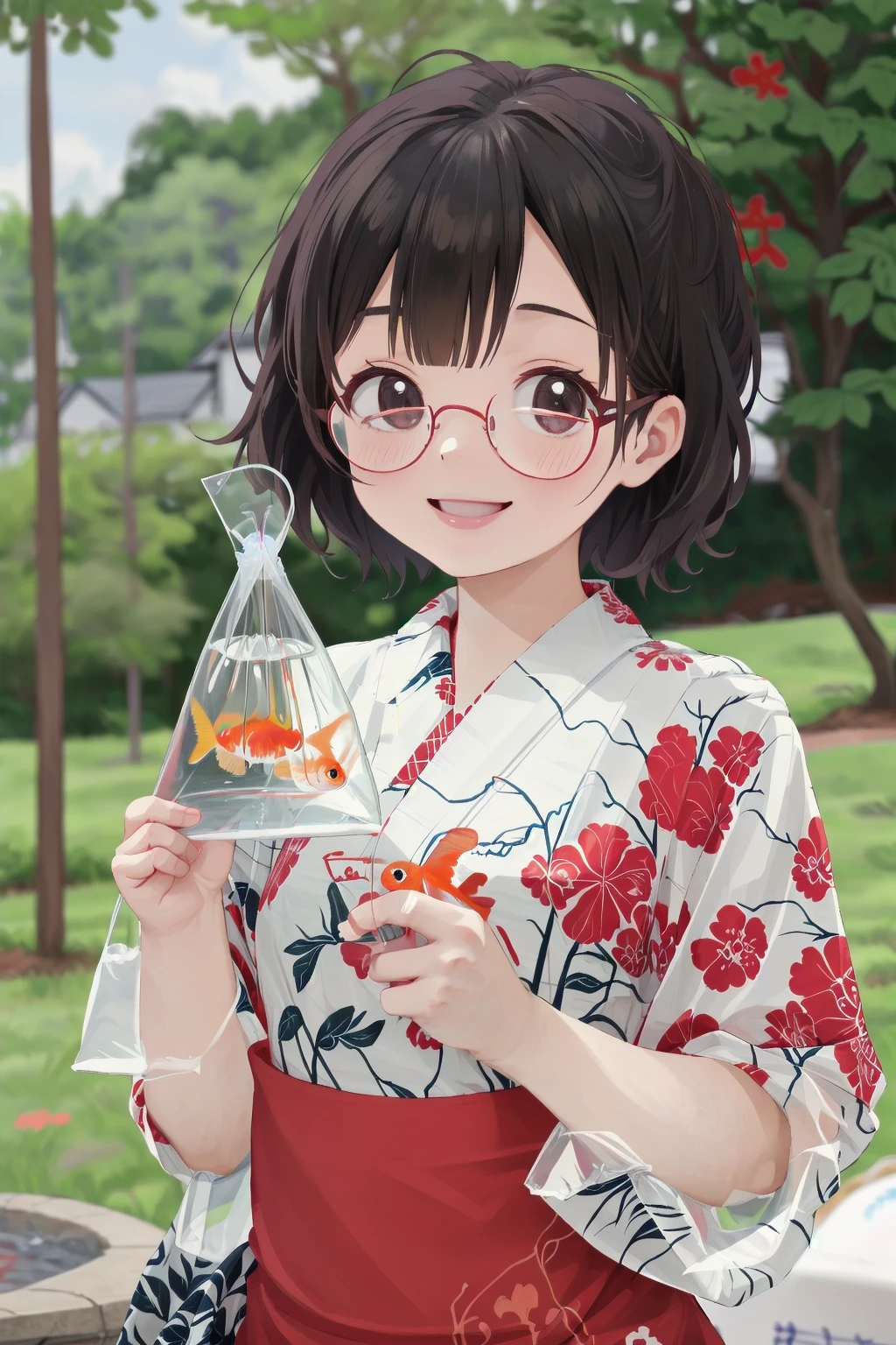 masterpiece, best quality, very aesthetic, absurdres,
(kingyofukuro, bagged fish:1.2), goldfish, smile, fish,
1girl, solo, glasses, smile, yukata, short hair, looking at viewer, black hair, blurry background, upper body, uchiwa, Water balloon, uchiwa, bangs,
<lora:kingyo_fukuuro_SD15_V1:0.8>