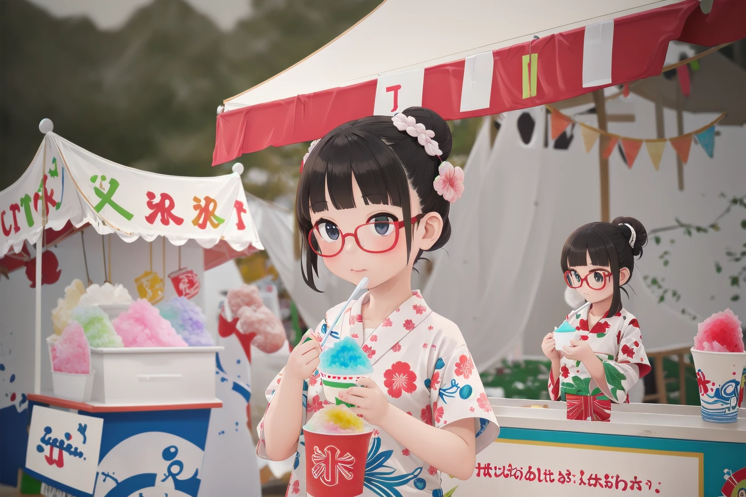 masterpiece, best quality, very aesthetic, absurdres,
1girl, solo, glasses, black hair, short hair, hair bun, hair ornament, yukata, floral print, 
holding spoon, holding, holding food, kakikoori_red, shaved ice, cup, food, spoon, outdoors, yatai, blurry background, 
<lora:kakikoori_SD15_V2:1>