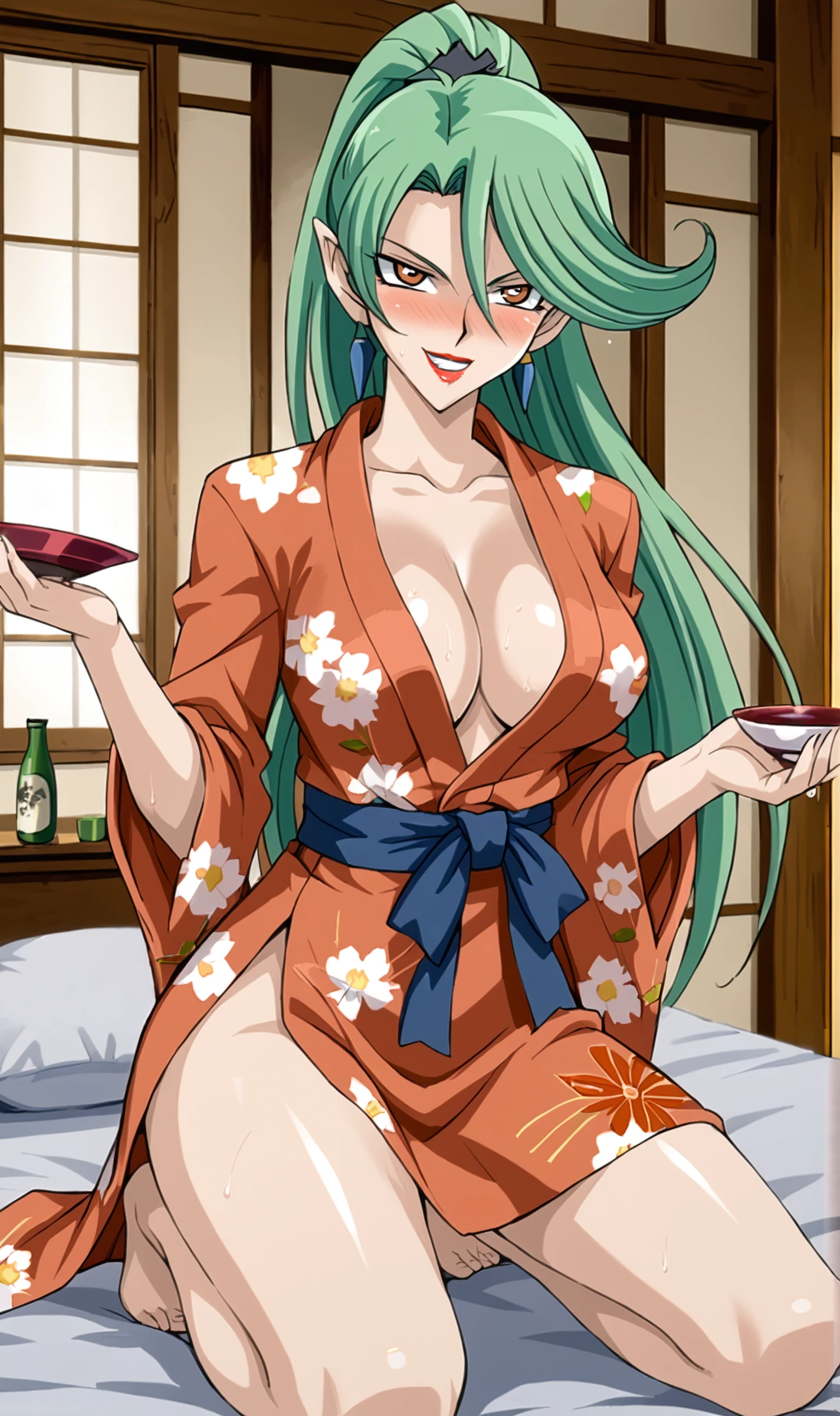 Camula, 1girl, solo, green hair, ponytail, orange eyes, lipstick, kneeling on bed, drunk, open yukata, holding sake bottle, large grin, sweating, <lora:Camula Pony XL:0.7>