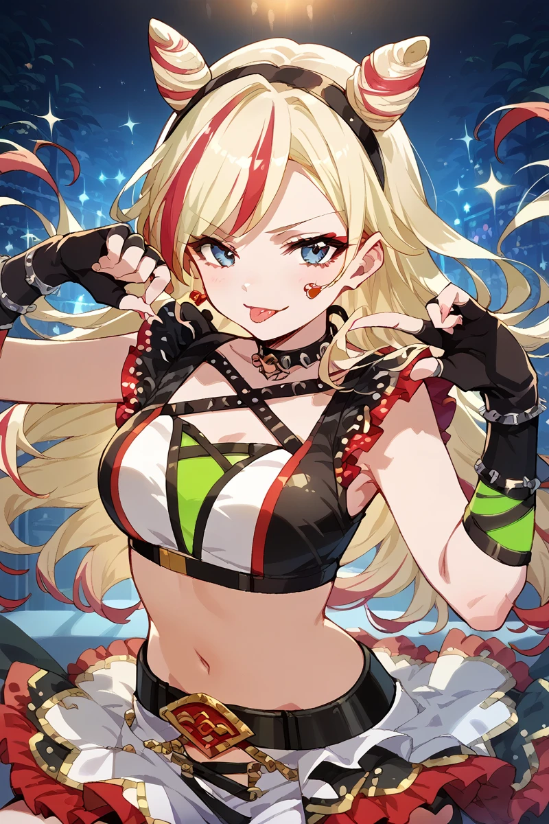 score_9, score_8_up, score_7_up, score_6_up, 1girl,
 <lora:Fumi_Yumeoji:0.9> fumi, blonde hair, long hair, tongue, tongue out, multicolored hair, gloves, solo, fingerless gloves, red hair, :p, midriff, breasts, blue eyes, black gloves, ponzo, lights,