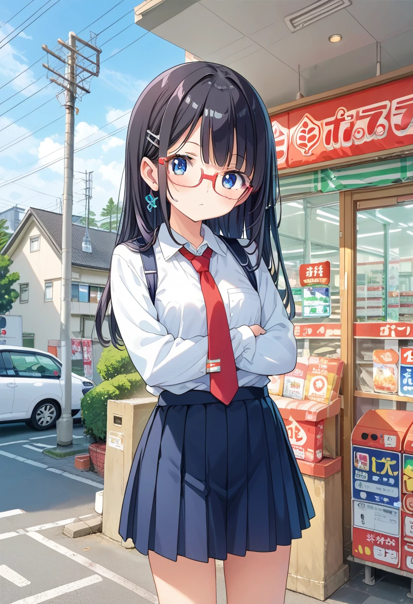 score_9, score_8_up, score_7_up, rating_safe, masterpiece, best quality, absurdres, unity 8k wallpaper, official art, official style, source_anime, uncensored, game cg, megami magazine,
1girl, solo, glasses, black hair, long hair, blue eyes, collared shirt, red necktie, pleated skirt, blue skirt, looking at viewer, blush, 
popura, konbini, scenery, storefront, japan, scenery, outdoors, power lines, utility pole, street, car, convenience store, building, shop, sky, tree, sign, lamppost
<lora:popura_storefront_PONY_V1:1>