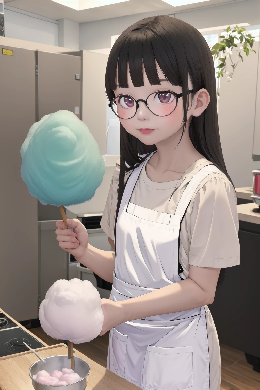 masterpiece, best quality, very aesthetic, absurdres, 
cotton candy, 1girl, solo, glasses, black hair, solo, long hair, apron, indoors, holding, shirt, food, white shirt, skewer, holding food
, cooking,  , cotton candy machine, 
 <lora:wataame_SD15_V1:0.8>