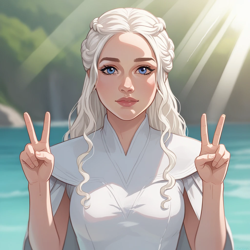 score_9_up, BREAK, DAENERYS, 1girl, solo, white hair, long hair, blue eyes, white dress, upper body, double v, looking at viewer,  <lora:DaenerysTargaryen_PXL_Leaf1:0.8> , summer, depth of field, light rays,