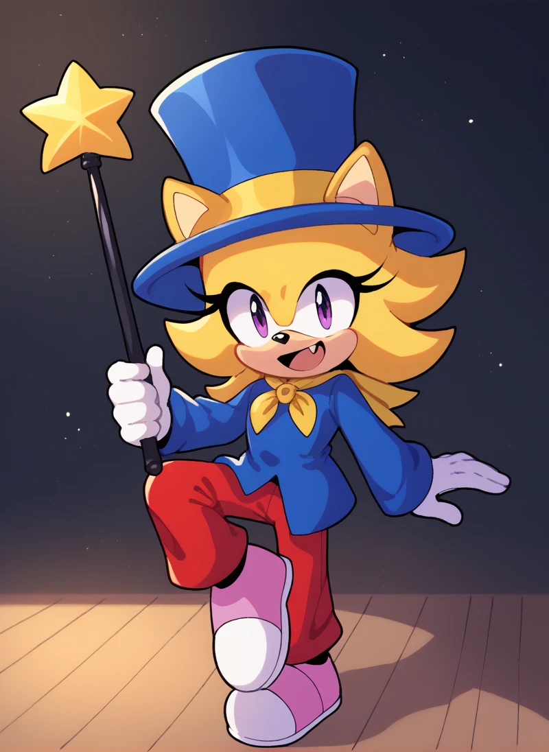 score_9, score_8_up, score_7_up, score_6_up, score_5_up, score_4_up, 1girl,  hocusoc, yellow fur, blonde hair, flipped hair, smile, open mouth, ((blue top hat)), yellow neck ribbon, yellow hat ribbon, blue shirt, long sleeves, red pants, long torso, tall, pink shoes,  purple eyes, teeth, fangs, standing, holding, ((black wand)), white gloves, <lora:hocus2:0.8>, stage, dark, volumetric lighting, dim, sonic (series), looking at viewer,  <lora:fuckwolfamy_Style:0.8>, (fwacolor), fwamono, leg up