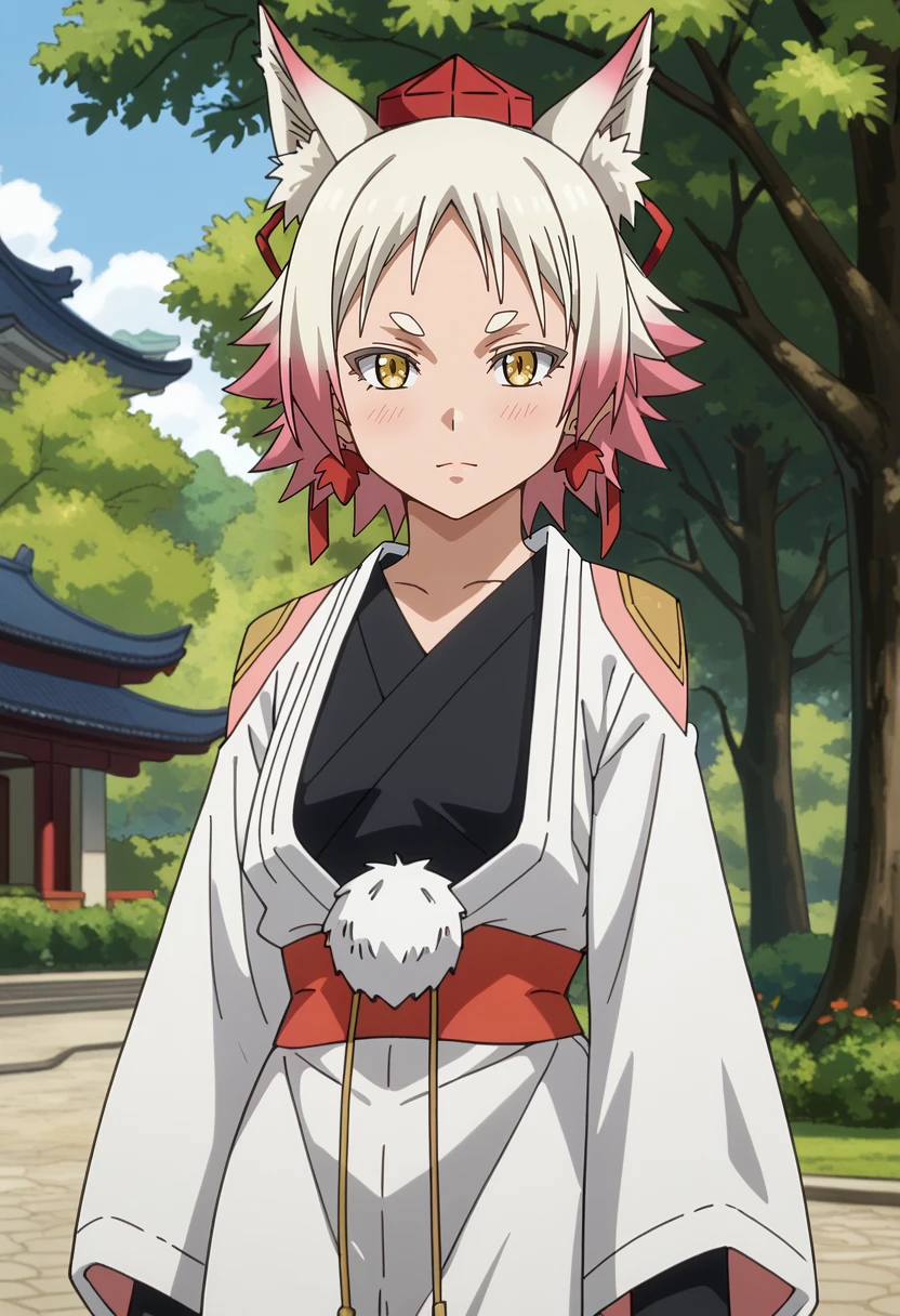 score_9,
<lora:TenSura_MomijiXL:0.9>, MomijiTenSura,
1girl, solo, closed mouth,
multicolored hair, white hair, pink hair, yellow eyes, wolf ears, hair ribbon, earrings, leaf,
tokin hat, red headwear, white kimono, black shirt, red sash, pom pom (clothes), long sleeves,
standing, looking at viewer,
photo background, blurry background, east asian architecture, building, wood, forest,