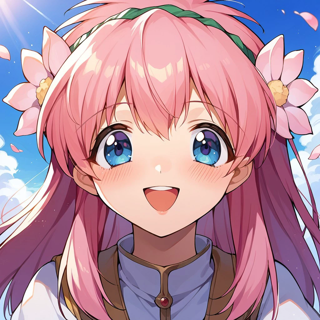 score_9, score_8_up, score_7_up, source_anime, milfeullesakuraba, day, pov, looking at viewer, blush, smile, open mouth, upper teeth only, flower