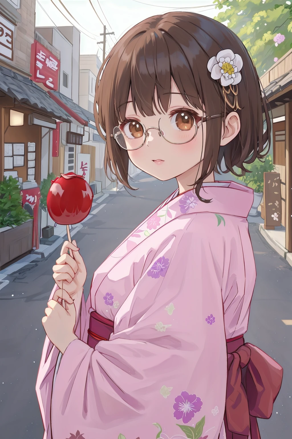 masterpiece, best quality, very aesthetic, absurdres, glasses,
ringoame, 1girl, food, brown hair,  japanese clothes, kimono, candy apple, hair ornament, looking at viewer, hair flower, brown eyes, flower, holding food, upper body, holding, short hair,  outdoors, bangs
<lora:ringoame_SD15_V1:0.8>