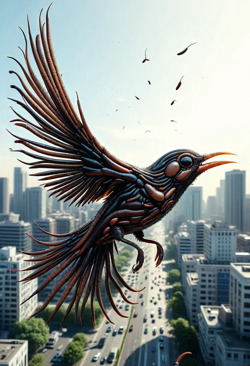 L33CH3S, a bird made of leeches,  flying over the city, ,Masterpiece,best quality, raw photo, realistic, very aesthetic