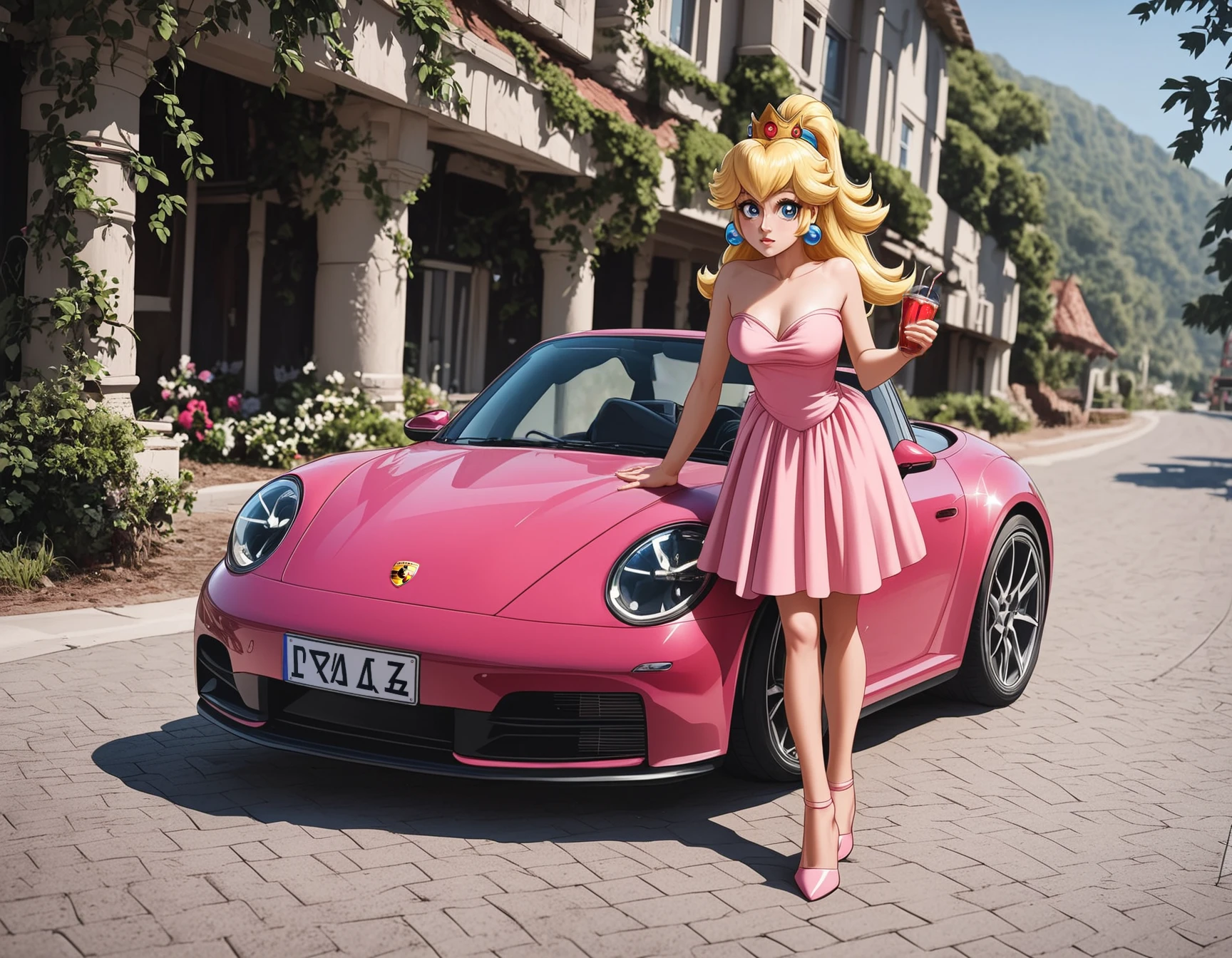 score_9, score_8_up, score_7_up, score_6_up, score_5_up, score_4_up,  
source: cartoon,
carrera,a 1girl staning next to a car,princess peach, wearing pink dress,high heels, big boobs, blonde hair,posing, a pink porsche sportscar in the background, at a beach,beachroad,dynamic pose,award winning, outside, high detail,