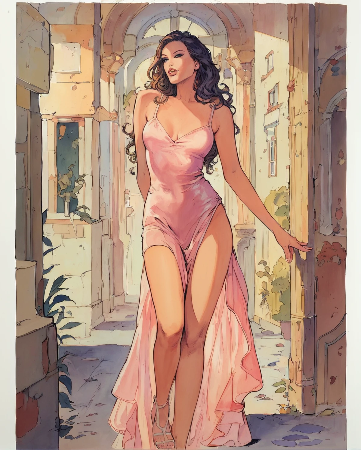 manara, 1girl, solo, long hair, traditional media, beautiful sexy woman standing on the street, in sexy pose, long hair, wearing evening dress <lora:fallen_ai_PONY_MILO_MANARA_style:1>, zPDXL, score_8_up, score_7_up, score_6_up, score_9, illustration