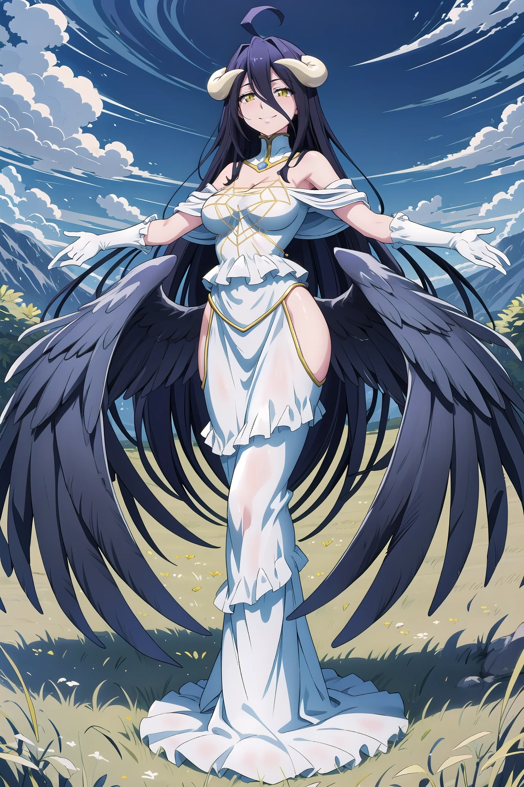 albedo_White_dress_Off-shoulder_dress_Detached_collar, albedoo, solo, medium_breasts, looking_at_viewer, cleavage, ahoge, demon_horns, closed_mouth, smile, head_tilt, elbow_white_gloves, black_demon_wings, low_wings, jewerly, spider_web, gold_silk, frilled_dress, hip_vent, long_dress, outstretched_arm, armpits, standing, full_body, outdoors, day, grass, <lora:ALBEDO_V1.5:0.8>