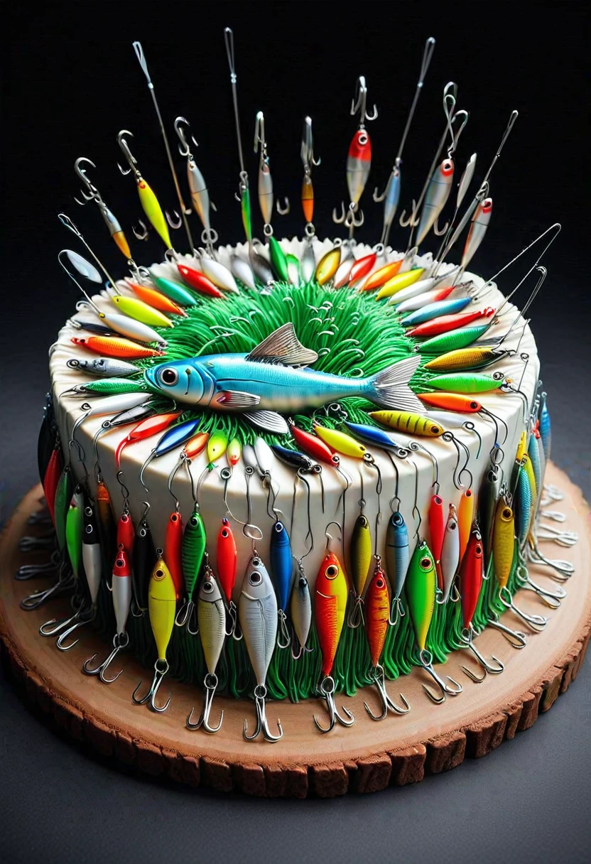 F15HLUR35, a cake made of fishing lures,  set at a birthday party, ,Masterpiece,best quality, raw photo, realistic, very aesthetic