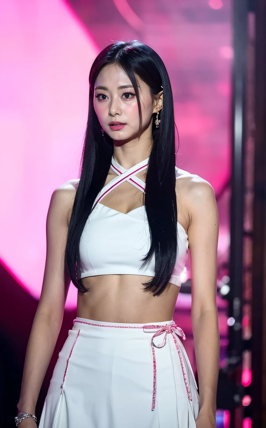 <lora:Tzuyu_V1:1> TzuYu,,, , (realistic), (hyperrealism), (photorealistic:1.4), 1girl, black hair, dress, hair ornament, lips, looking at viewer, makeup, pink background, realistic, ribbon, sleeveless, solo, standing, white dress