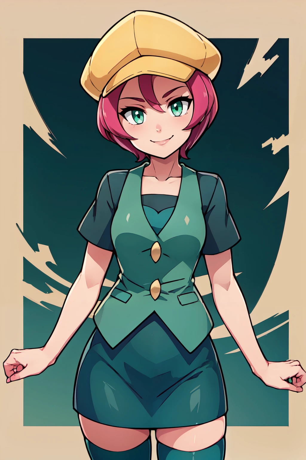 ((masterpiece,best quality)), absurdres,  BREAK, , <lora:Georgia_Pokemon:0.8>, zzGeorgia, short hair, green eyes, pink hair, yellow, cabbie hat, green vest, green thighighs, green skirt, zettai ryouiki,, BREAK, hip to the side, contrapposto,, BREAK, solo, smile, looking at viewer, cowboy shot,