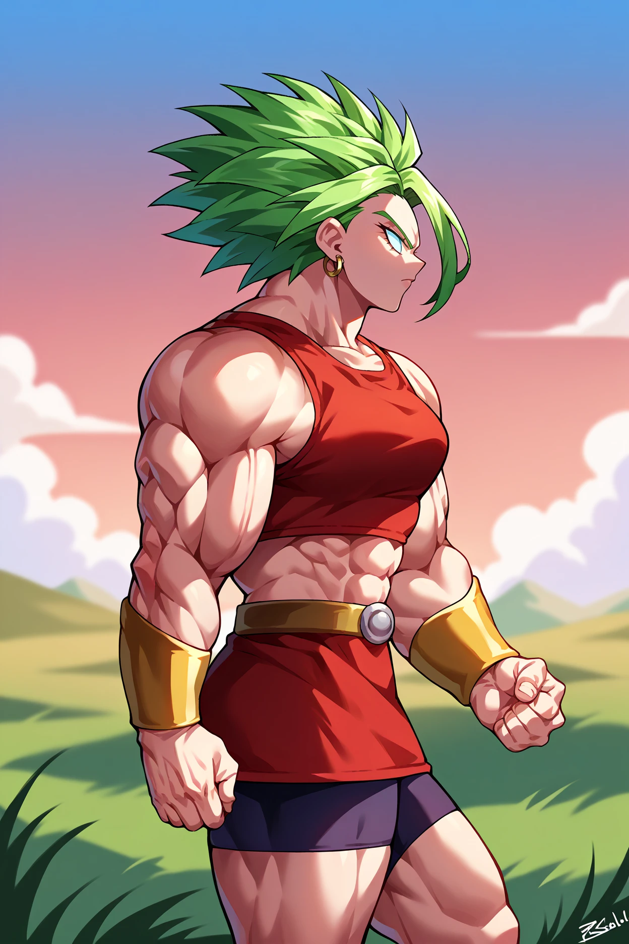 score_9, score_8_up, score_7_up, score_6_up, source_anime, 1girl, solo, <lora:kale-pdxl-nvwls-v1-000007:1> bskKal, green hair, muscular female, very muscular, no pupils, earrings, red tank top, red skirt, bracer, midriff, shorts under skirt, from side, serious, profile, walking, field, red sky