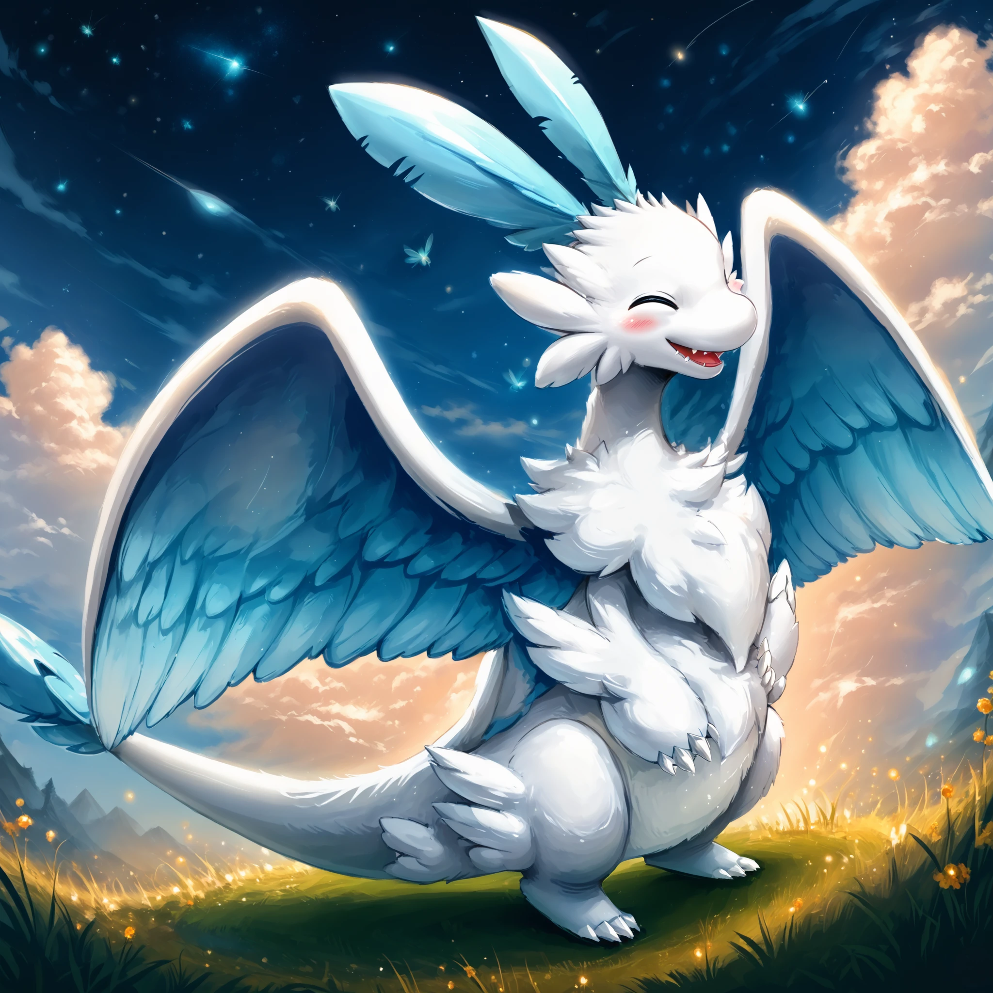 score_9, score_8_up, score_7_up, source_anime BREAK
forest, tall grass, sky, clouds, night, dark, stars, fireflies, (2.5D:1.6)
Quivern_Palworld, white fur, white wings, light blue inner wings, white claws, white belly, blue eyes, light blue headfeathers, light blue tailfeather, (white tail:1.4), (long tail:1.6), feral, solo, (two wings:1.4), fang
standing, looking at viewer, head tilt, smile, open mouth, blush, (closed eyes:1.3), (^^:1.6), happy
(sideview:1.2), from side, (dutch angle:1.2)
<lora:Quivern_Palworld:1>
<lora:add-detail-xl:1>
<lora:SDXLFaeTastic2400:1>