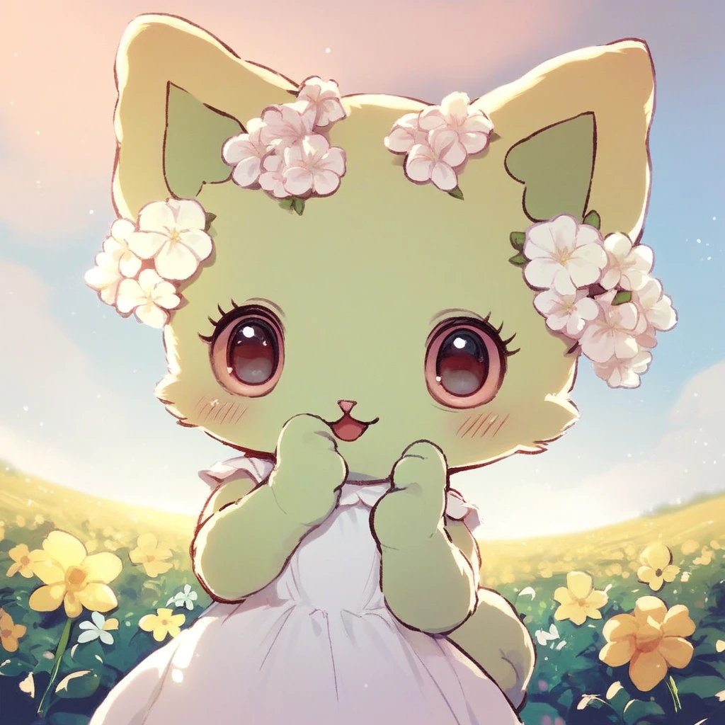 score_10, score_9_up, score_8_up, Emma, solo, looking at viewer, blush, bow, no humans, furry, cat, Green fur, happy, white dress, out side, morning, sky, flower field