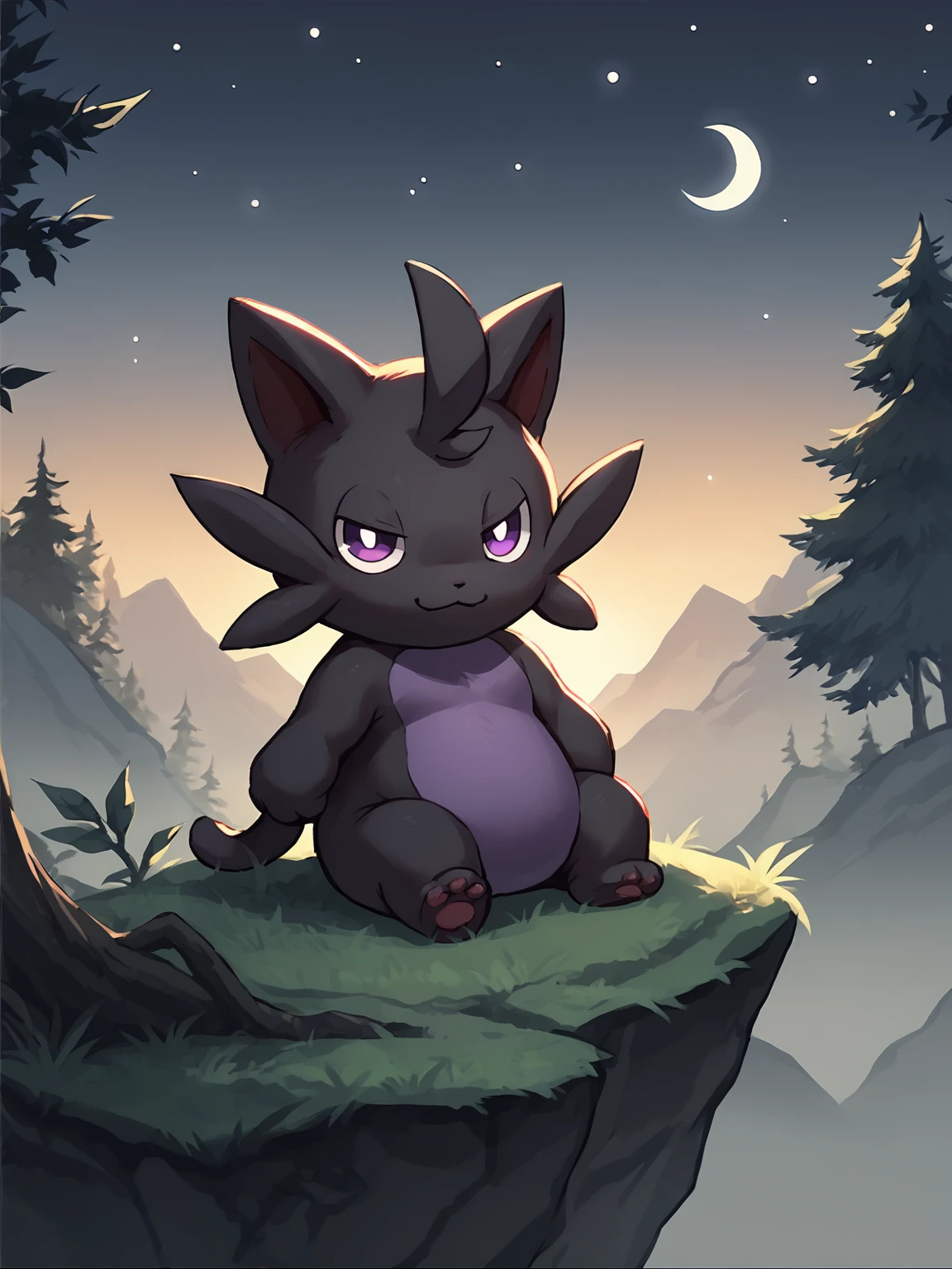 score_9, score_8_up, score_7_up, score_6_up, score_5_up, score_4_up, outside, night, moon, cliff, tree BREAK
<lora:Cattiva_PDXL-000005:1> cattiva, black body, purple belly, purple eyes, looking at viewer, sitting