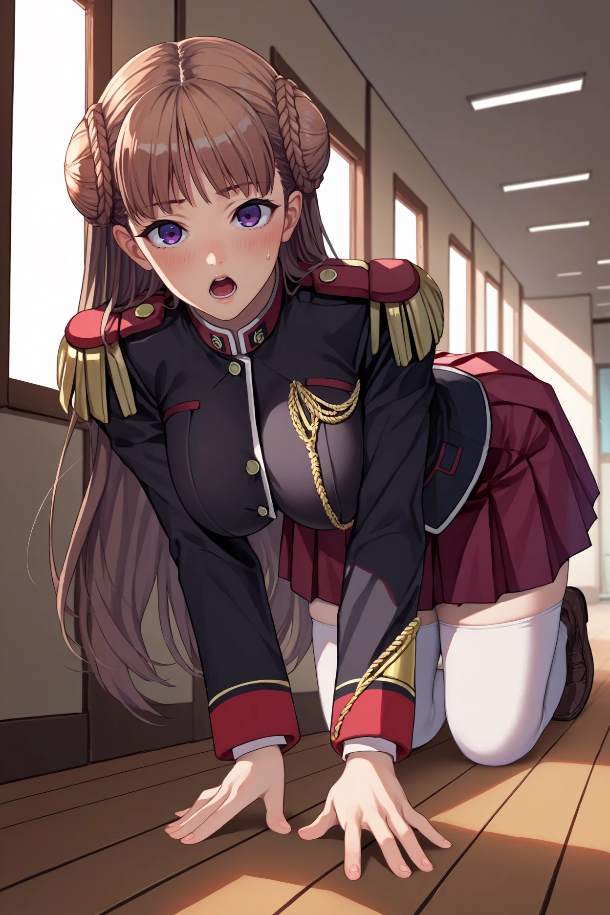 score_9, score_8_up, score_7_up, score_6_up, source_anime, 1girl, solo,  <lora:noelma-pdxl-nvwls-v1-000005:1> noelma, brown hair, purple eyes, double bun, epaulettes, black blazer, red skirt, pleated skirt, white thighhighs, big breasts, all fours, looking at you, blush, open mouth, sweatdrop, hallway