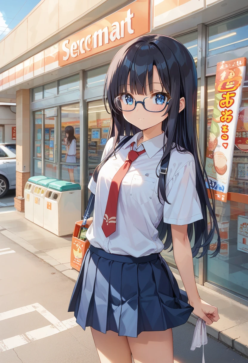 score_9, score_8_up, score_7_up, rating_safe, masterpiece, best quality, absurdres, unity 8k wallpaper, official art, official style, source_anime, uncensored, game cg, megami magazine,
1girl, solo, glasses, black hair, long hair, blue eyes, collared shirt, red necktie, pleated skirt, blue skirt, looking at viewer, blush, 
secoma, konbini, scenery, storefront, japan, scenery, shop, convenience store, road, outdoors, street, storefront, sign, shadow
 <lora:seicomart_storefront_PONY_V1:1>