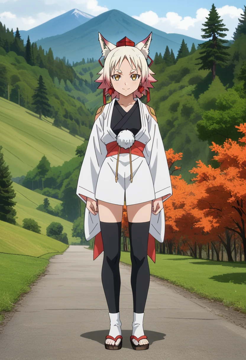 score_9,
<lora:TenSura_MomijiXL:0.9>, MomijiTenSura,
1girl, solo, closed mouth, light smile,
multicolored hair, white hair, pink hair, yellow eyes, wolf ears, hair ribbon, earrings, leaf,
tokin hat, red headwear, white kimono, black shirt, red sash, pom pom (clothes), long sleeves, black thighhighs, white socks, sandals,
standing, looking at viewer,
photo background, blurry background, fog, scenery, mountains, forest