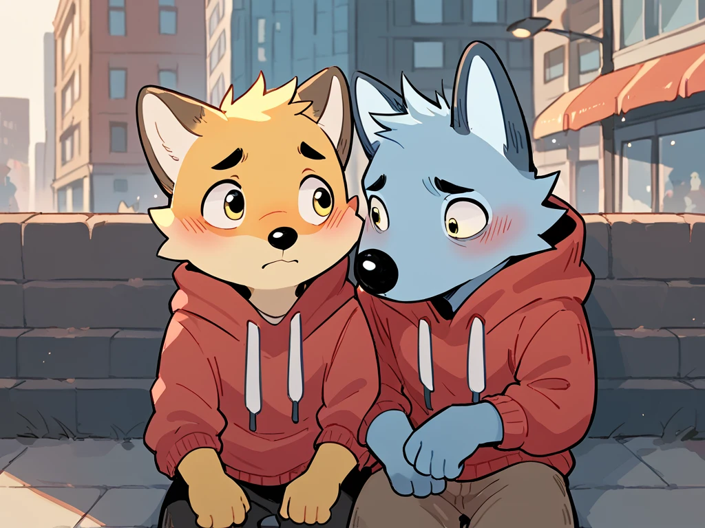 score_9, score_8_up, score_7_up, high quality, hires, red hoodie, blue body, yellow eyes, 2boys, yellow body, shy, furry male, looking at another, <lora:Rae__VK_sticker__Ð ÑÐ¹:1>, city