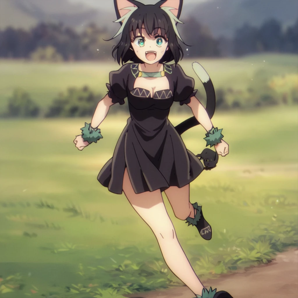 score_9, score_8_up, score_7_up, score_6_up, score_5_up, score_4_up, source_anime, , Tama, cat girl, black hair, jogging, black dress, happy