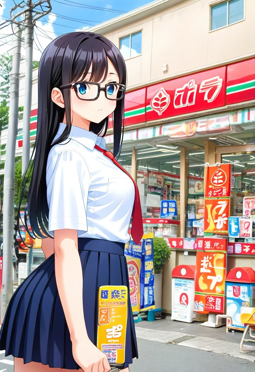 score_9, score_8_up, score_7_up, rating_safe, masterpiece, best quality, absurdres, unity 8k wallpaper, official art, official style, source_anime, uncensored, game cg, megami magazine,
1girl, solo, glasses, black hair, long hair, blue eyes, collared shirt, red necktie, pleated skirt, blue skirt, looking at viewer, blush, 
popura, konbini, scenery, storefront, japan, scenery, outdoors, power lines, utility pole, street, car, convenience store, building, shop, sky, tree, sign, lamppost
<lora:popura_storefront_PONY_V1:1>