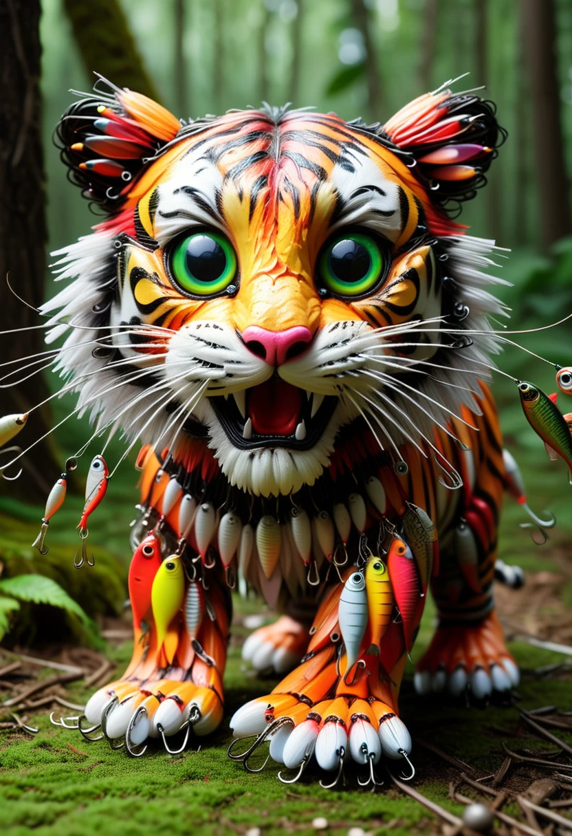 F15HLUR35, a cute tiger is made of fishing lures, big eyes,  roaring and attacking birds, set in the forest, ,Masterpiece,best quality, raw photo, realistic, very aesthetic