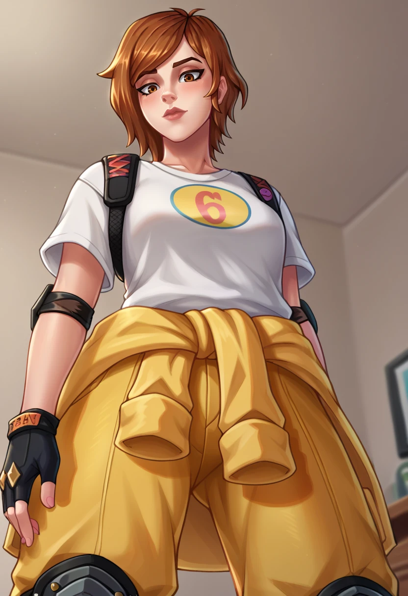 score_9,score_8_up,score_7_up BREAK <lora:Aprilfn:0.8>,Aprilfortnite,1girl,solo,brown hair,shirt,gloves,brown eyes,white shirt,short sleeves,black gloves,yellow pants,fingerless gloves,t-shirt,knee pads,clothes around waist,elbow pads,room,room background,cowboy shot, from below,
