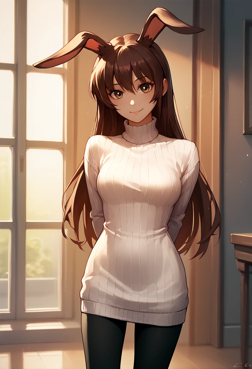 score_9, score_8_up, score_7_up, solo, 1girl, velvetscarlatina, smile, looking at viewer, standing, arms behind back, animal ears, white sweater, sweater dress, ribbed sweater, turtleneck, black pantyhose, indoors <lora:rwby_velvetscarlatina_ponyXL:1>