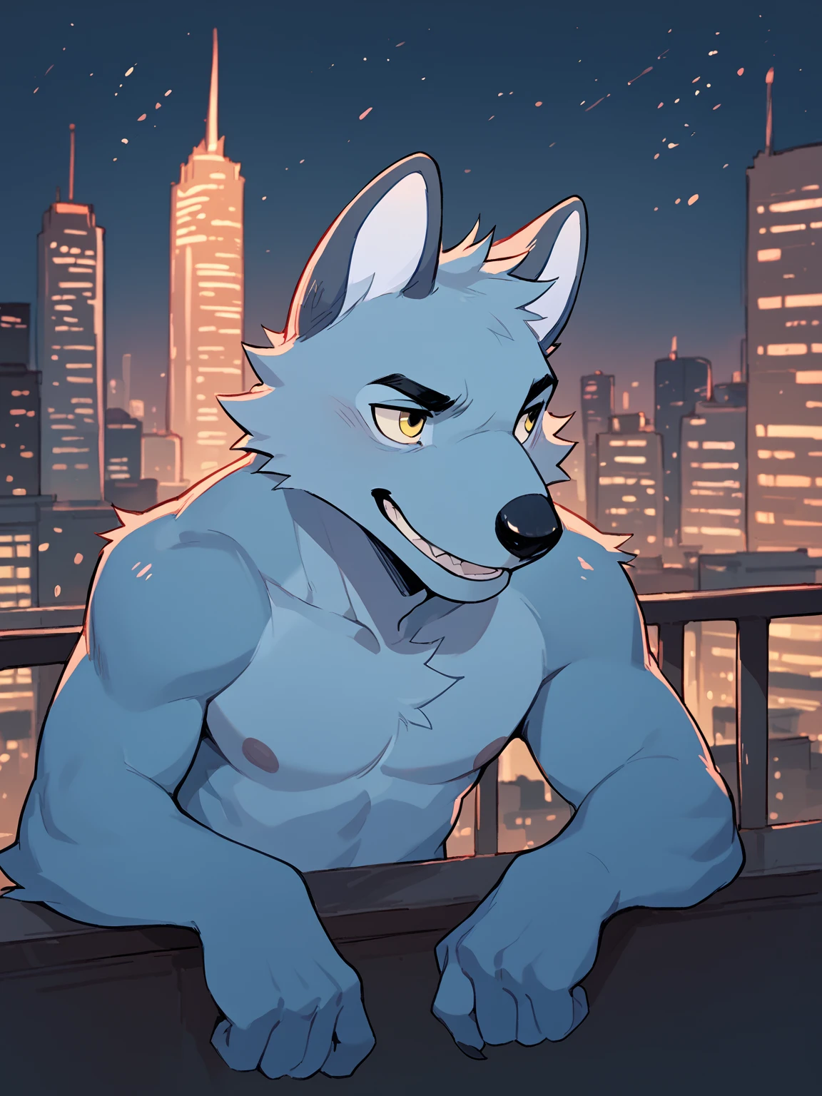 score_9, score_8_up, score_7_up, high quality, hires, blue body, yellow eyes, solo, furry male, looking at another, adult, <lora:Rae__VK_sticker__Ð ÑÐ¹:1>, night cityscape