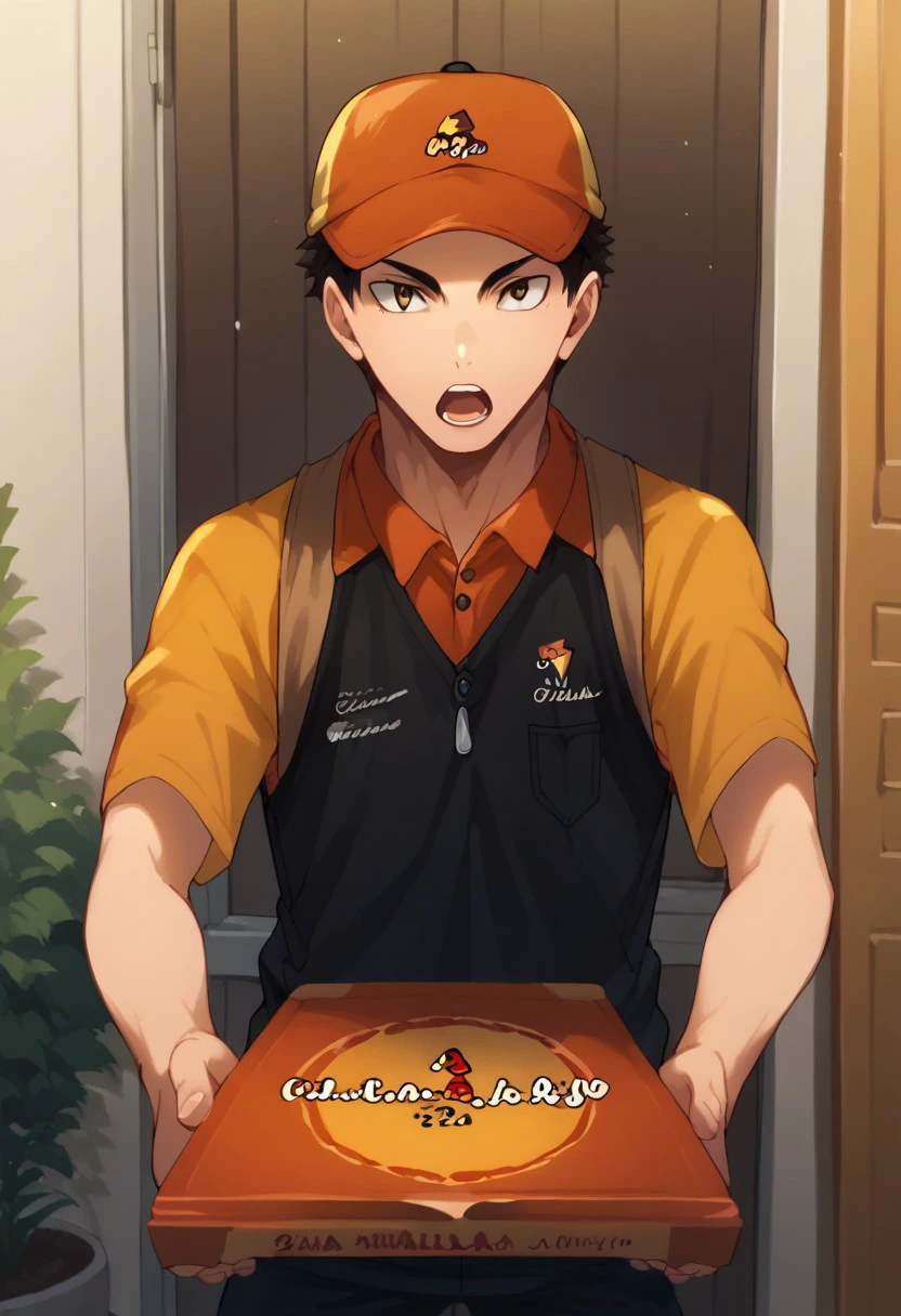 score_9, score_8_up, score_7_up, source_anime, rating_safe, pizza delivery, Iwaikyu, 1boy, male focus, vest, hat, open mouth, pov, pizza box, employee uniform